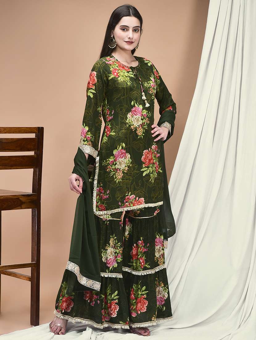 women floral three quarter sleeve kurta sharara with dupatta set - 22161049 -  Standard Image - 2