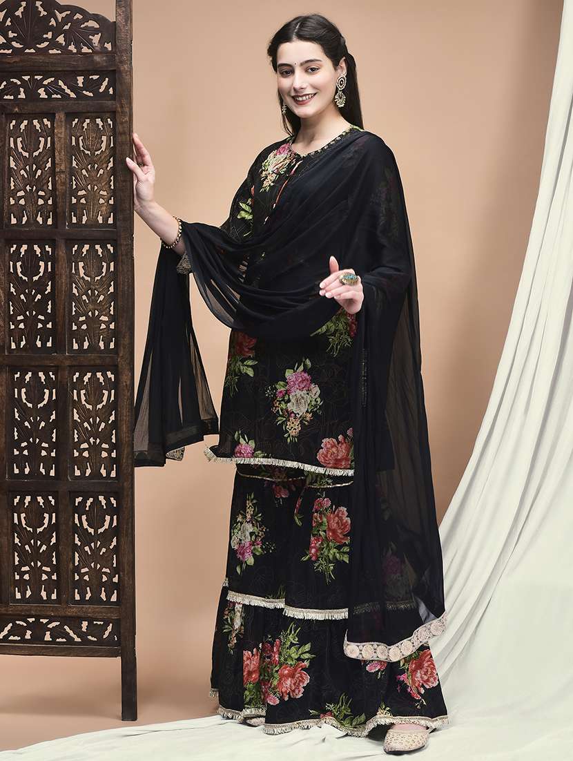 women floral three quarter sleeve kurta sharara with dupatta set - 22161050 -  Standard Image - 2