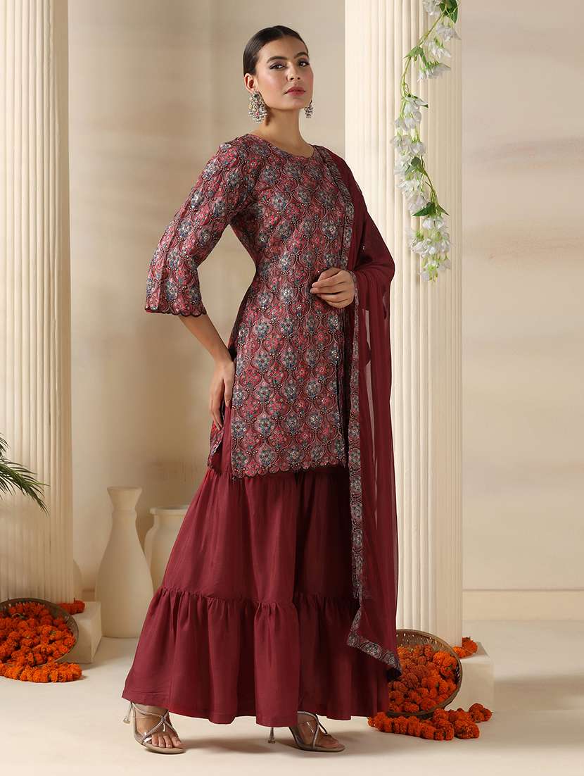 women embroidered three quarter sleeve kurta sharara with dupatta set - 22161062 -  Standard Image - 2