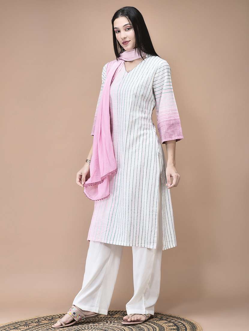 women striped three quarter sleeve kurta pant with dupatta set - 22161069 -  Standard Image - 2