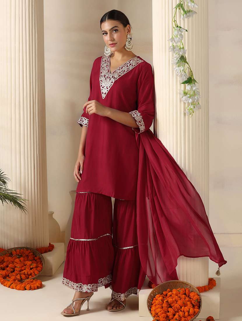 women embroidered three quarter sleeve kurta sharara with dupatta set - 22161072 -  Standard Image - 2