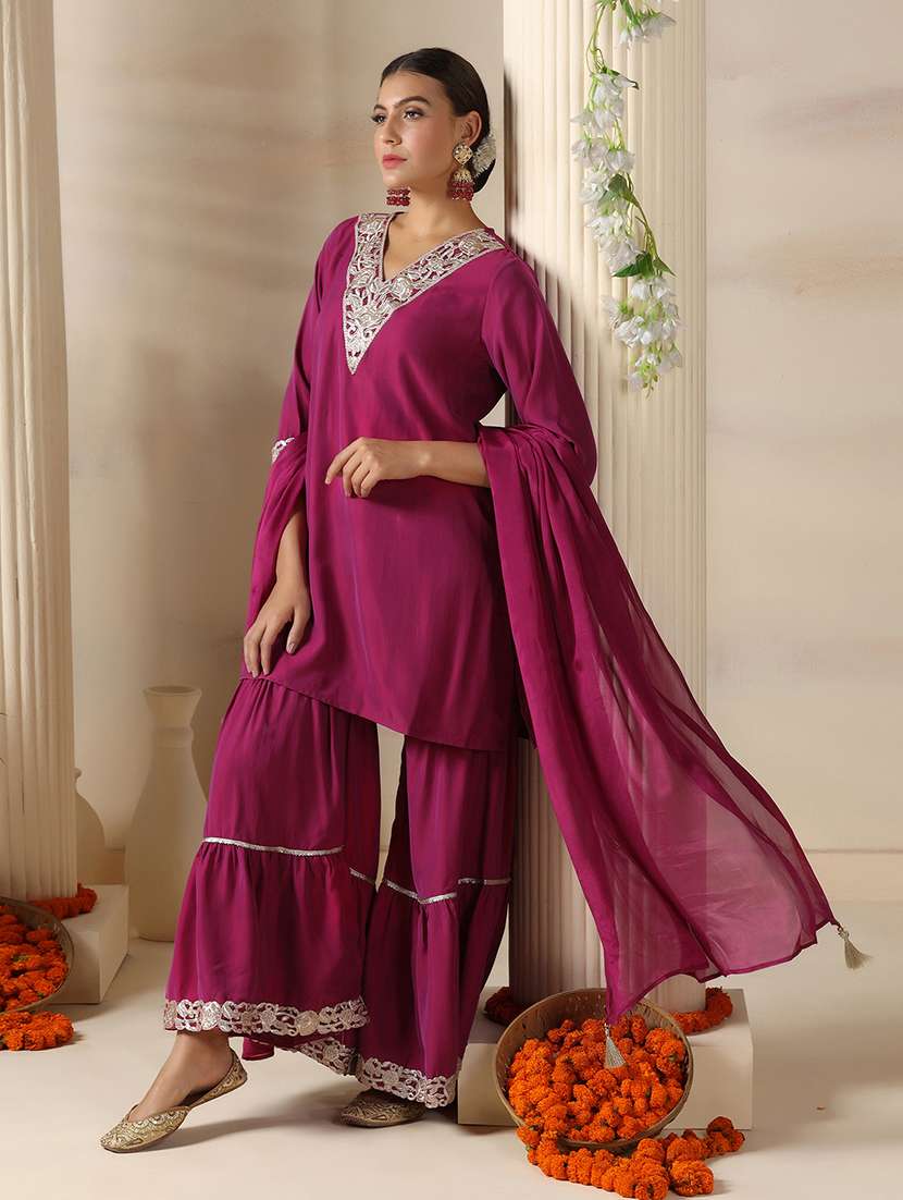 women embroidered three quarter sleeve kurta sharara with dupatta set - 22161073 -  Standard Image - 2
