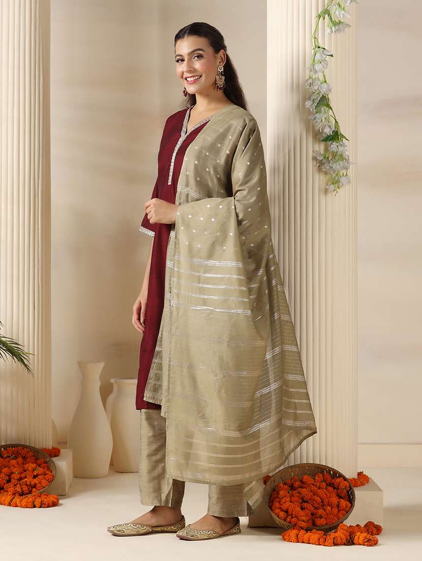 women solid with work three quarter sleeve kurta pant with dupatta set - 22161075 -  Standard Image - 2