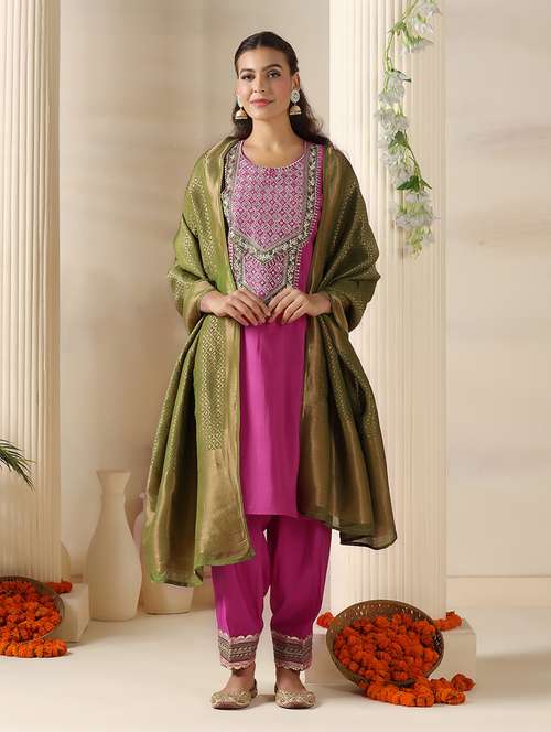 women embroidered three quarter sleeve kurta salwar with dupatta set - 22161077 -  Standard Image - 0