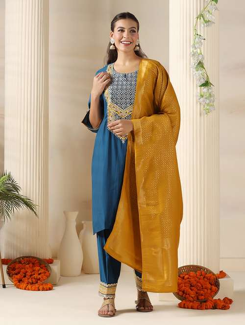 women embroidered three quarter sleeve kurta salwar with dupatta set - 22161078 -  Standard Image - 0