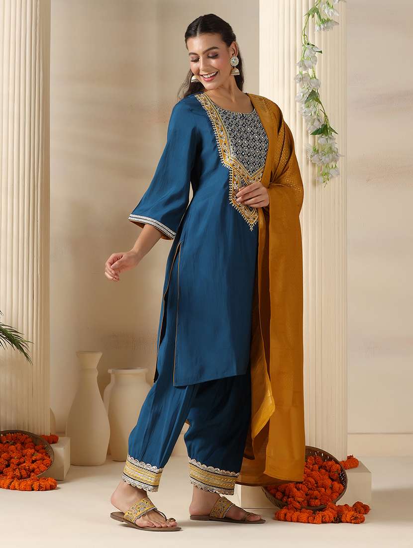 women embroidered three quarter sleeve kurta salwar with dupatta set - 22161078 -  Standard Image - 2