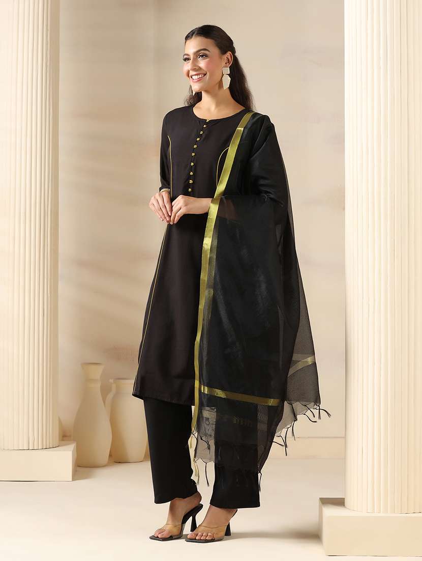 women solid three quarter sleeve kurta pant with dupatta set - 22161081 -  Standard Image - 2