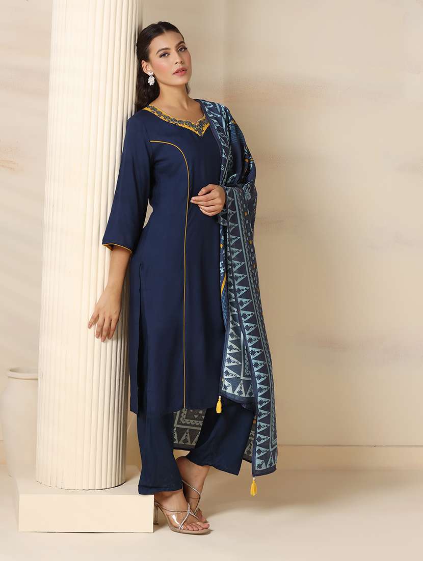 women embroidered three quarter sleeve kurta pant with dupatta set - 22161084 -  Standard Image - 2