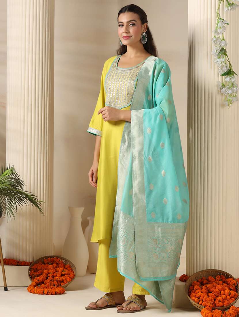 women embroidered three quarter sleeve kurta pant with dupatta set - 22161088 -  Standard Image - 2