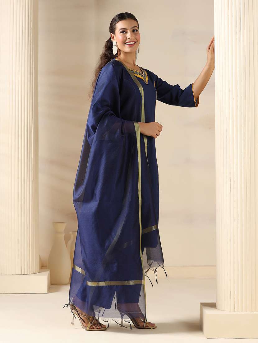 women embroidered three quarter sleeve kurta pant with dupatta set - 22161089 -  Standard Image - 2