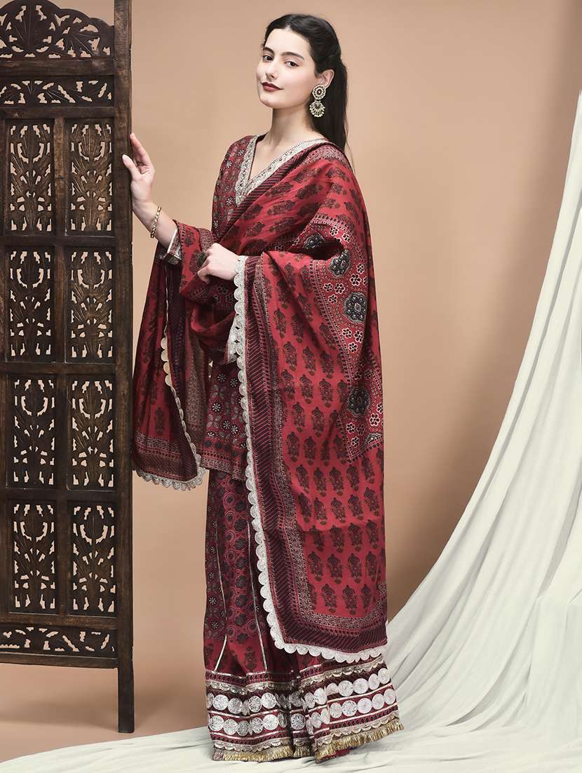 women printed three quarter sleeve kurta skirt with dupatta set - 22161093 -  Standard Image - 2