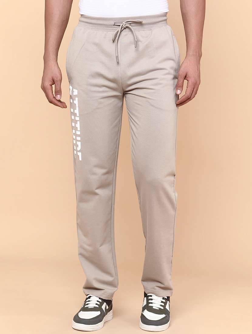 men beige cotton  full length track pant