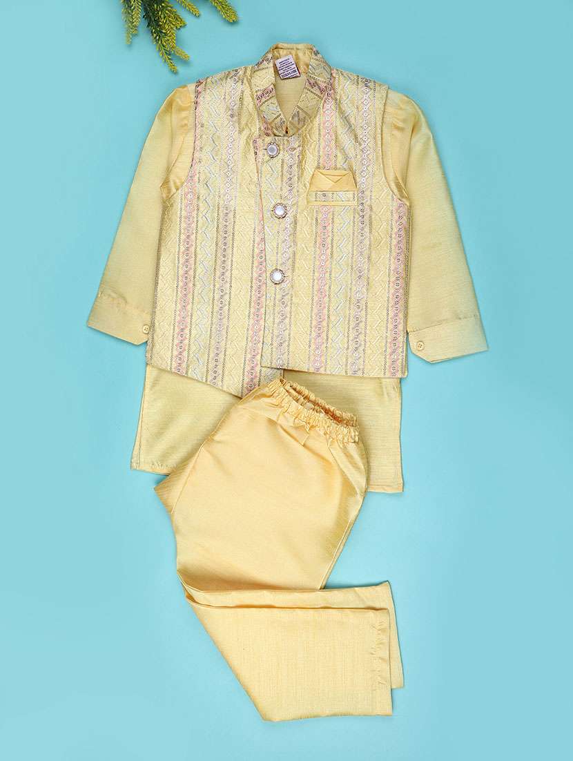 boys embroidered kurta and pyjama set with jacket