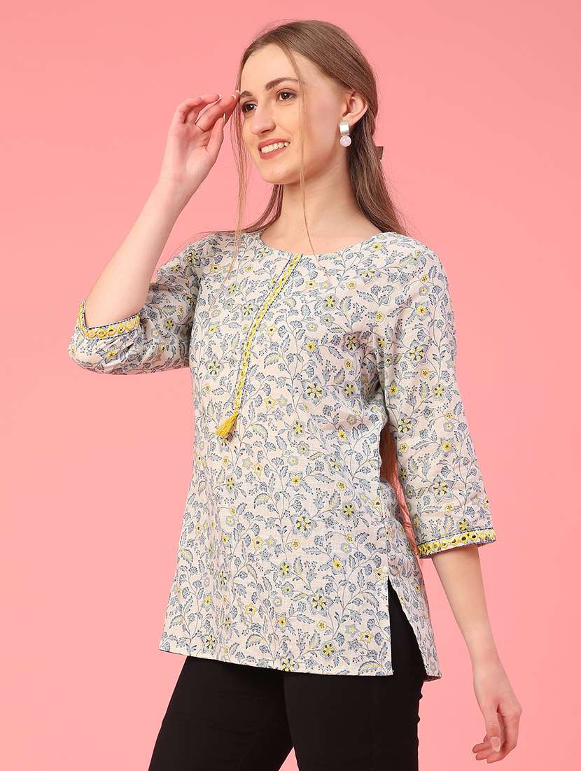 women floral printed three quarter sleeve straight kurti - 22161931 -  Standard Image - 2