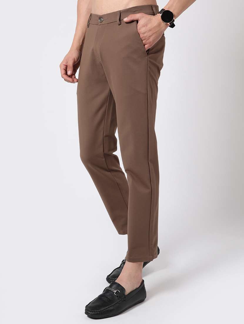 men brown cotton flat front casual trouser