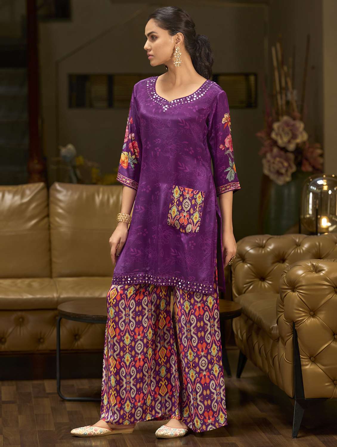 women printed three quarter sleeve co-ord set - 22162263 -  Standard Image - 2
