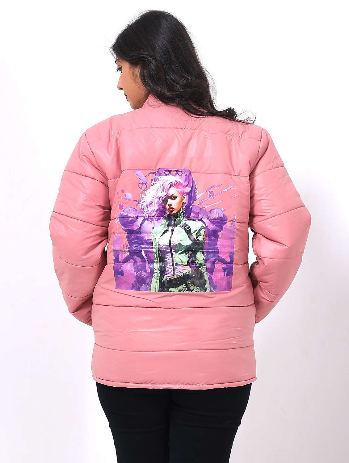 women long sleeve back print pruffer jacket