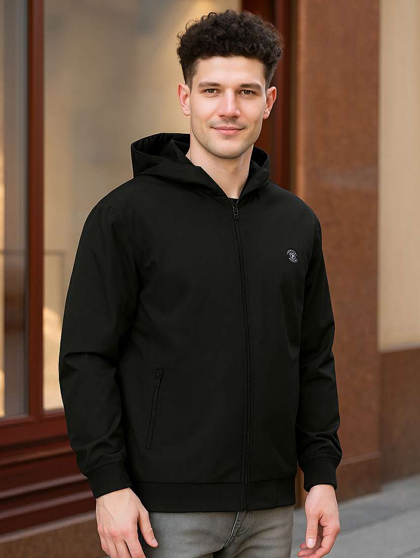 men solid long sleeve regualr fit hooded casual jacket