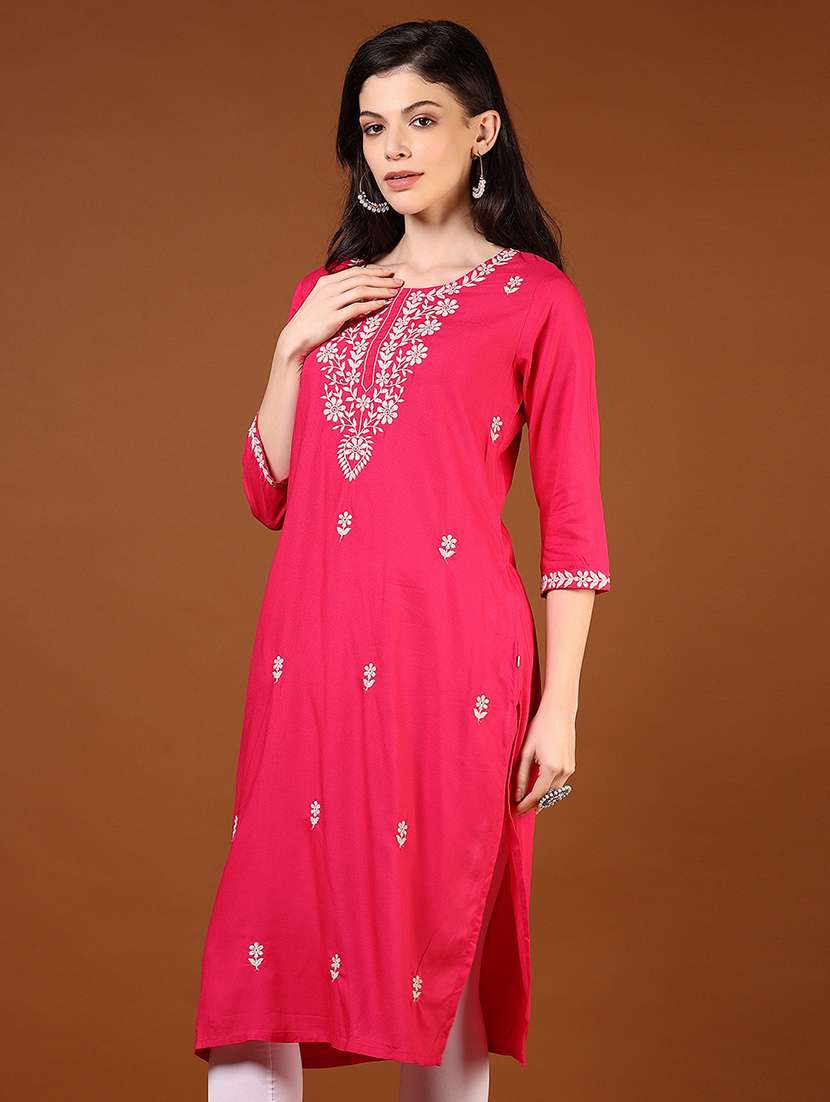 women solid with work three quarter sleeve straight kurta - 22162931 -  Standard Image - 2