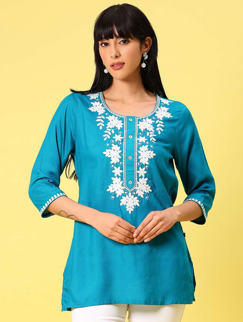 women solid with work three quarter sleeve straight kurti - 22163103 -  Standard Image - 2