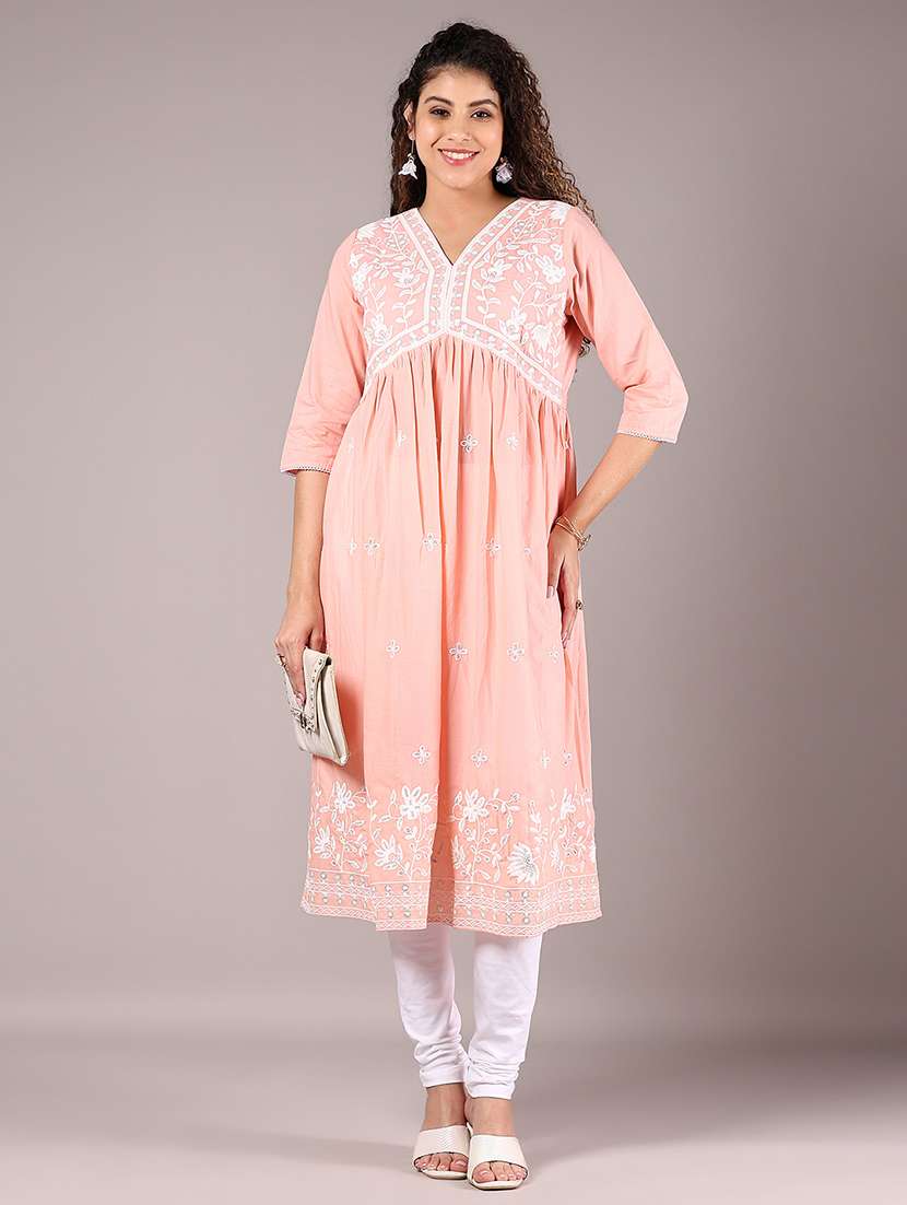 women embroidered printed three quarter sleeve a-line kurta - 22163120 -  Standard Image - 2