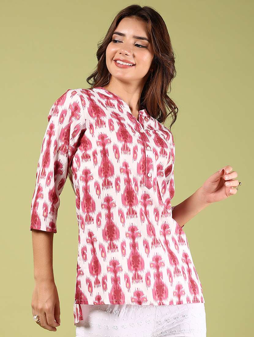 women ikat printed three quarter sleeve straight kurti - 22163281 -  Standard Image - 2