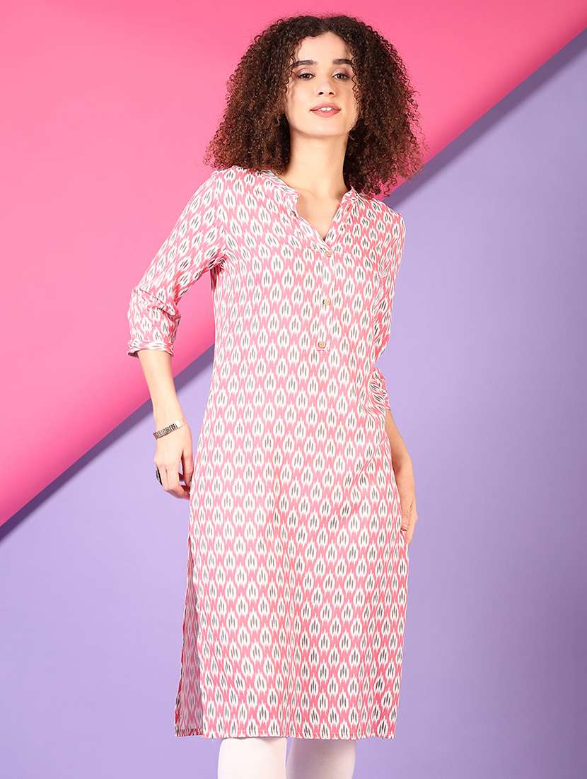 women ikat printed three quarter sleeve straight kurta
