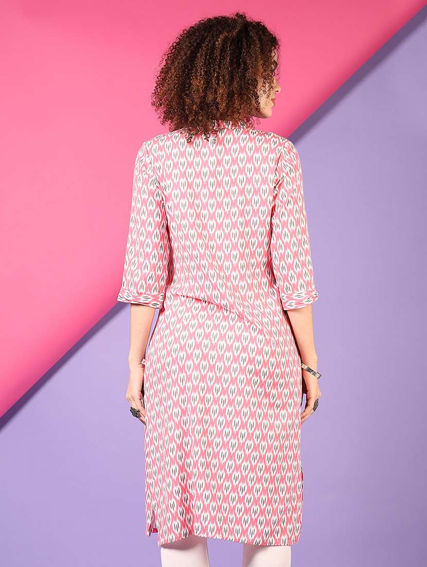 women ikat printed three quarter sleeve straight kurta - 22163293 -  Standard Image - 2