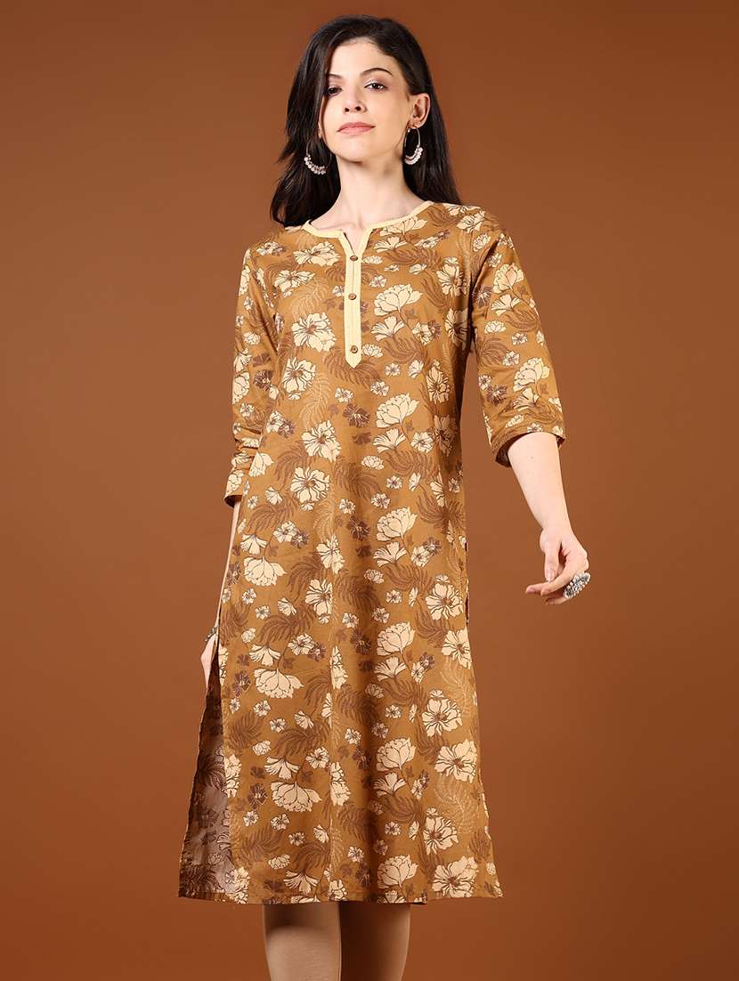 women floral printed three quarter sleeve straight kurta