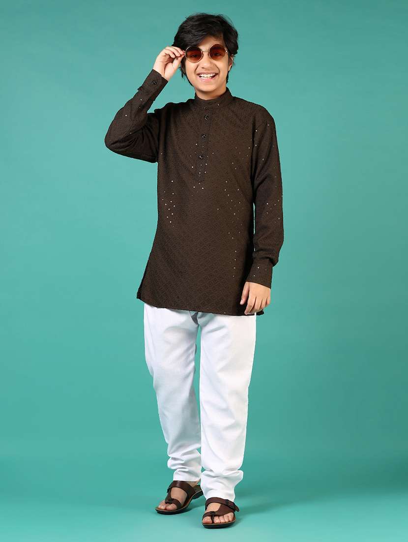 boys embroidered long sleeve kurta and pyjama set - 22163366 -  Standard Image - 2