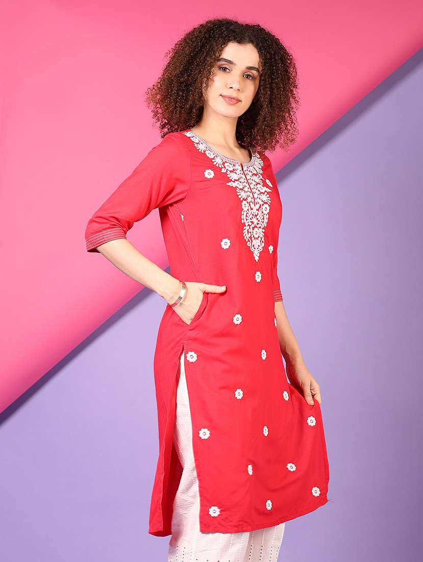women solid with work three quarter sleeve straight kurta - 22163615 -  Standard Image - 2