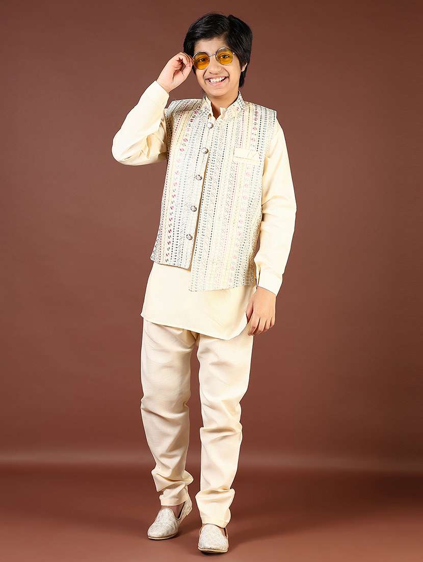 boys embroidered kurta and pyjama set with jacket - 22163787 -  Standard Image - 2