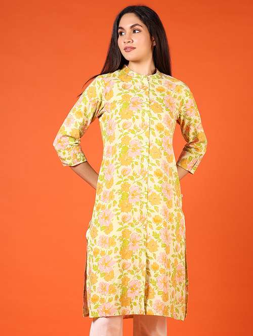 women floral printed three quarter sleeve straight kurta - 22163792 -  Standard Image - 0