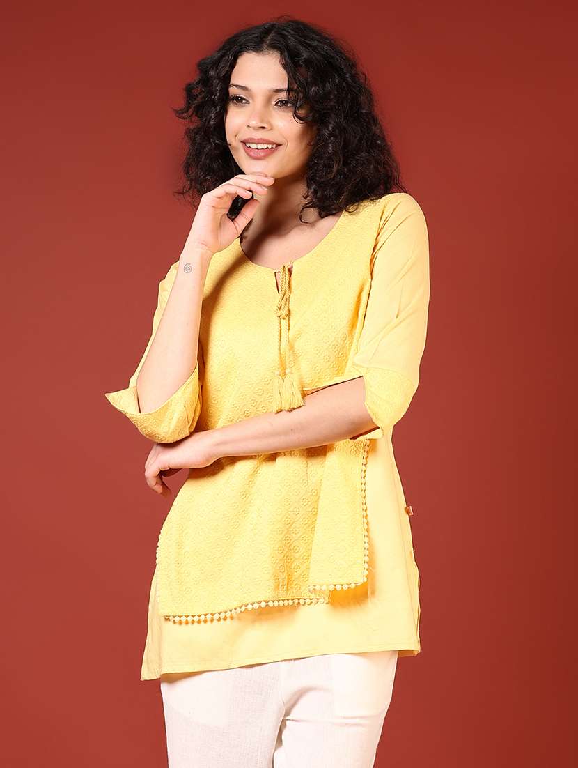 women solid with work three quarter sleeve straight kurti - 22164053 -  Standard Image - 2