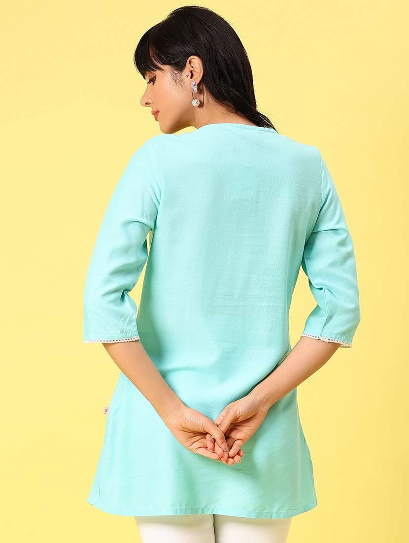 women solid with work three quarter sleeve straight kurti - 22164055 -  Standard Image - 2