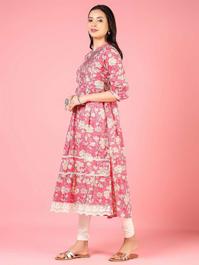 women floral printed three quarter sleeve tiered kurta - 22164066 -  Standard Image - 2