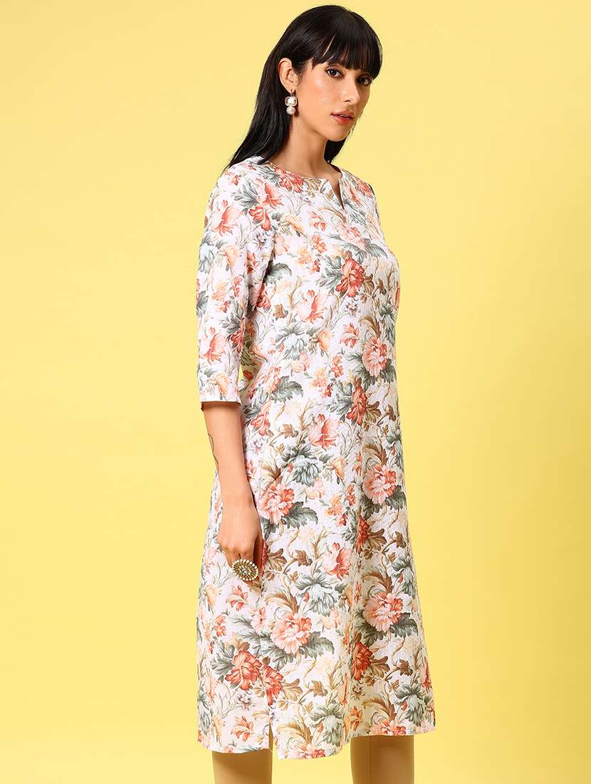 women floral printed three quarter sleeve straight kurta - 22164069 -  Standard Image - 2