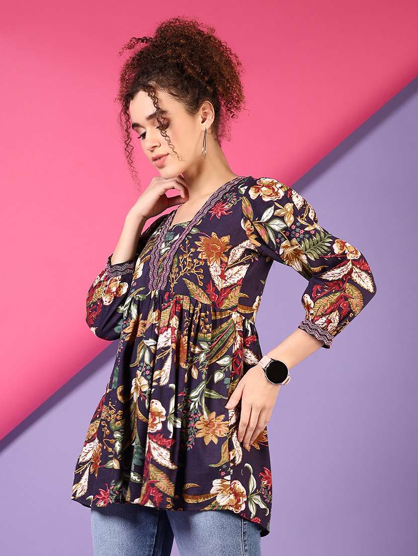 women floral printed three quarter sleeve a-line kurti - 22164208 -  Standard Image - 2