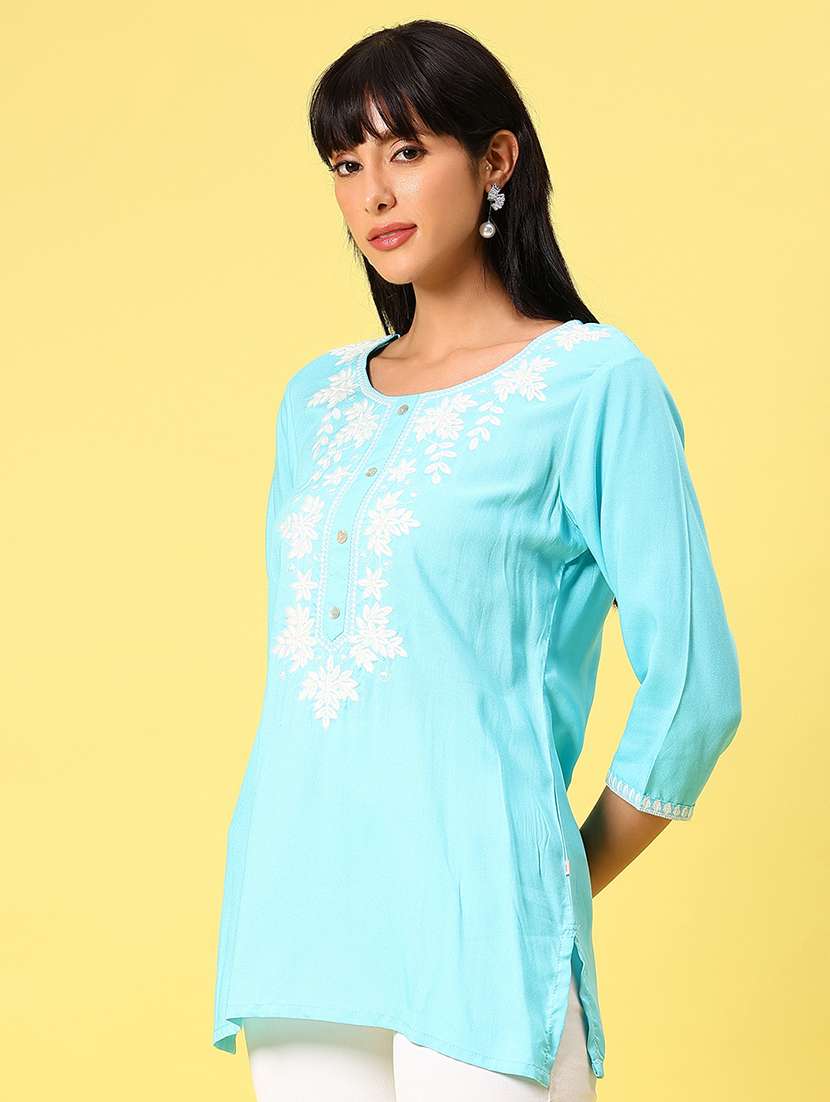 women solid with work three quarter sleeve straight kurti - 22164212 -  Standard Image - 2