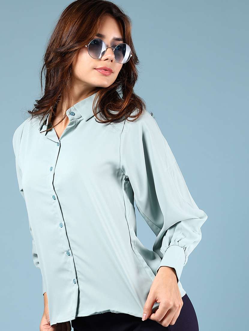 women solid bishop sleeve regular fit shirt