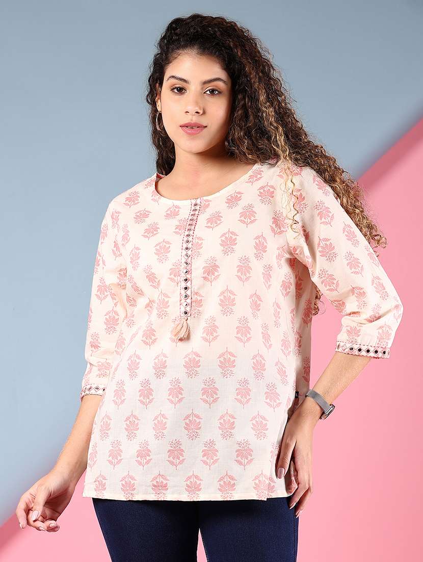 women floral printed three quarter sleeve straight kurti - 22164345 -  Standard Image - 2