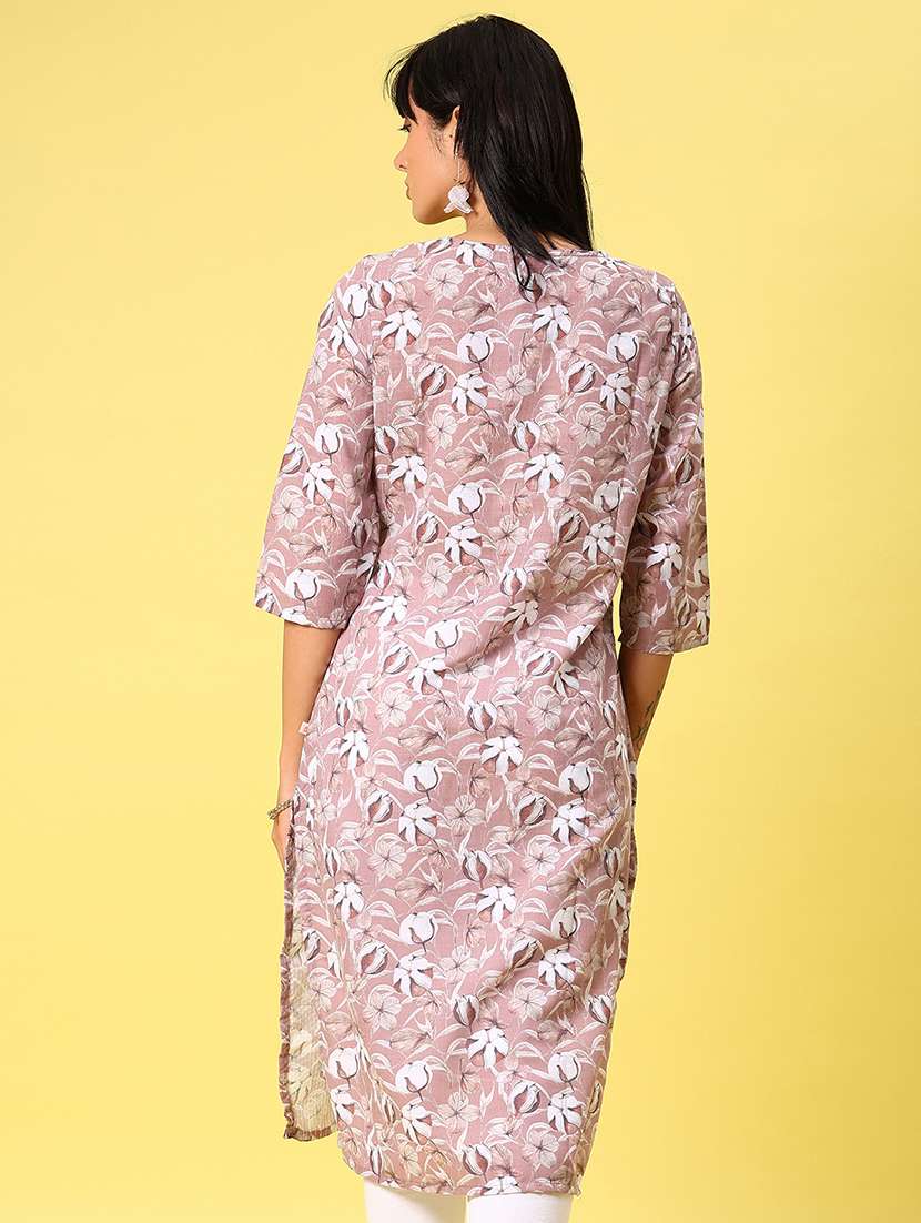 women floral printed three quarter sleeve straight kurta - 22164352 -  Standard Image - 2