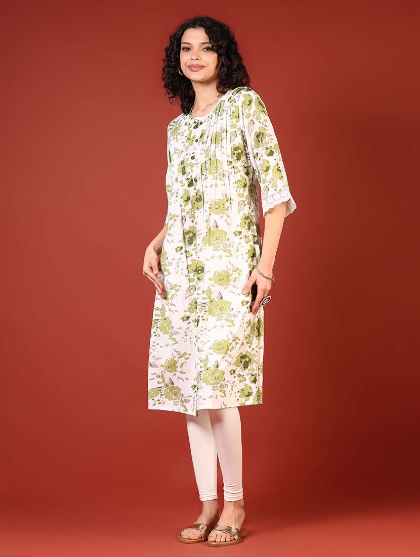 women floral printed three quarter sleeve a-line kurta - 22164353 -  Standard Image - 2