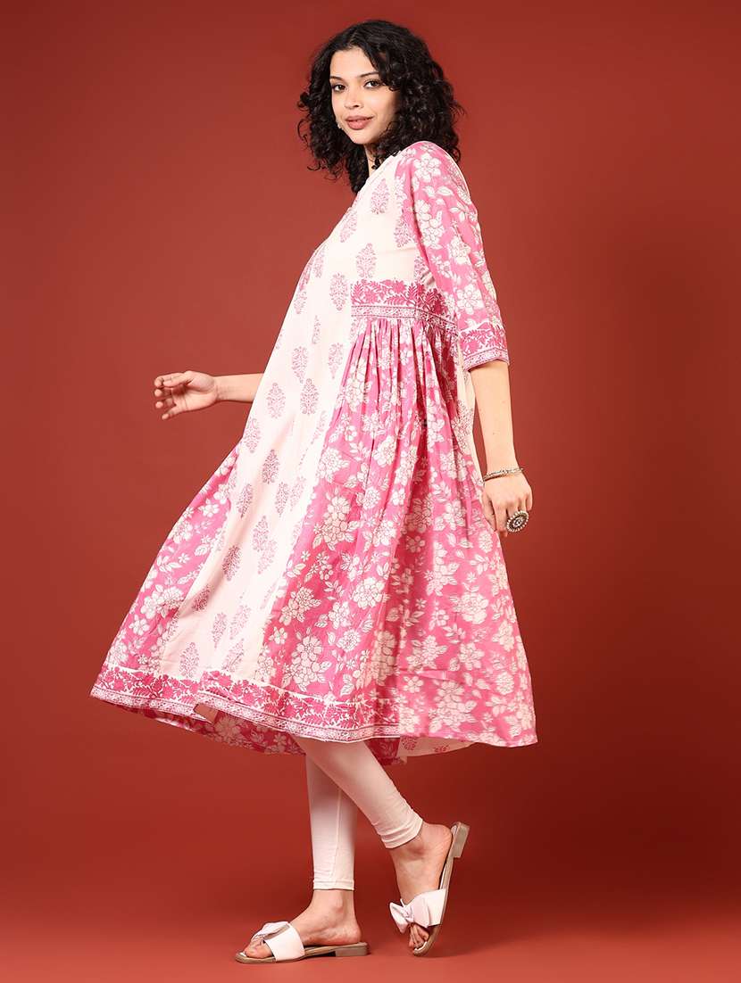 women floral printed three quarter sleeve a-line kurta - 22164355 -  Standard Image - 2