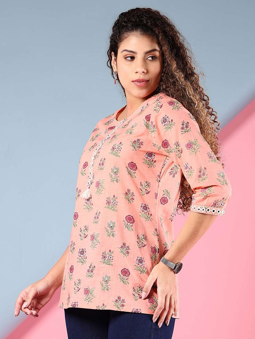 women floral printed three quarter sleeve straight kurti - 22164477 -  Standard Image - 2