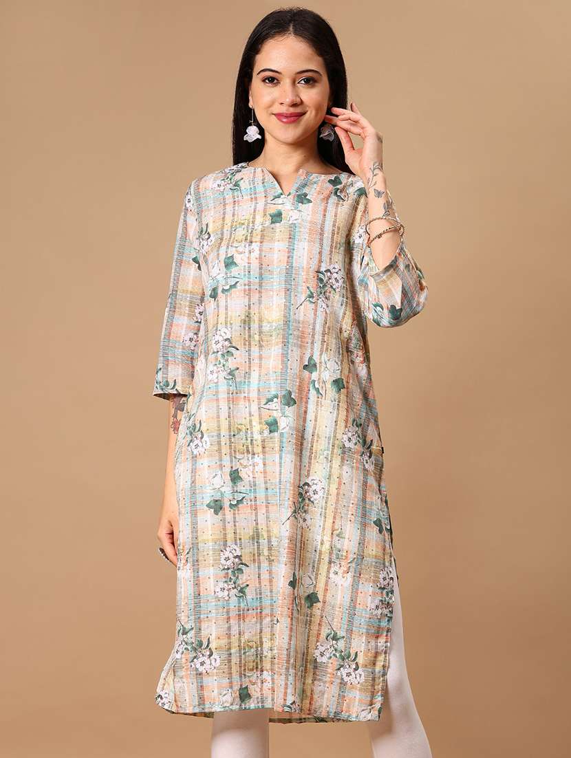 women printed three quarter sleeve straight kurta