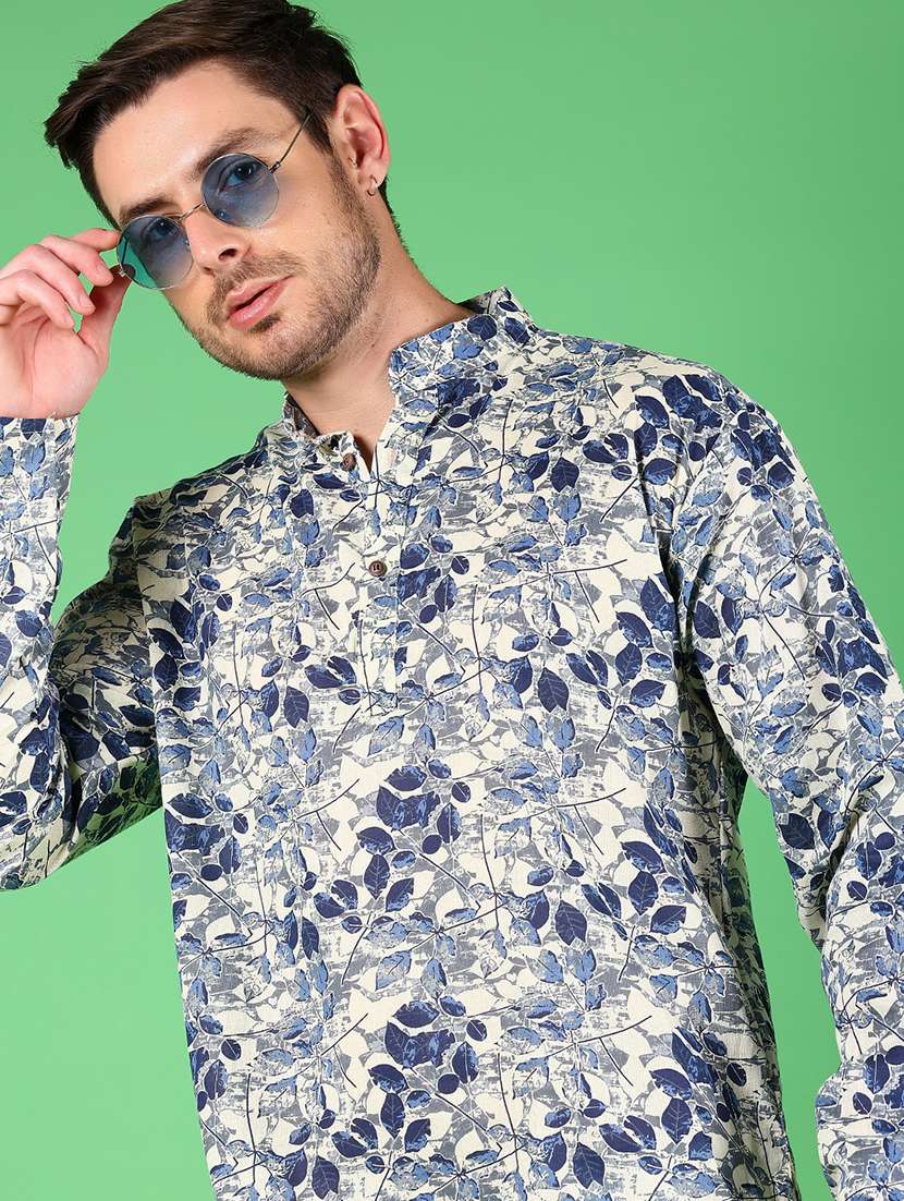 men printed mandarin neck short kurta