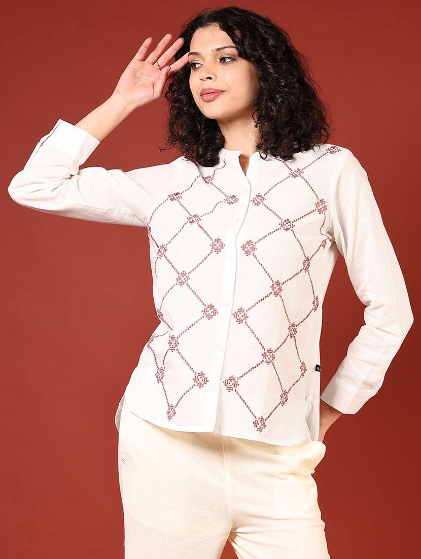 women self design long sleeve regular fit shirt