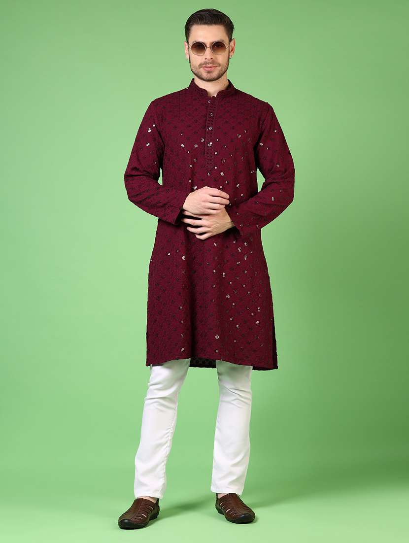 men embroidered long sleeve kurta and pyjama set