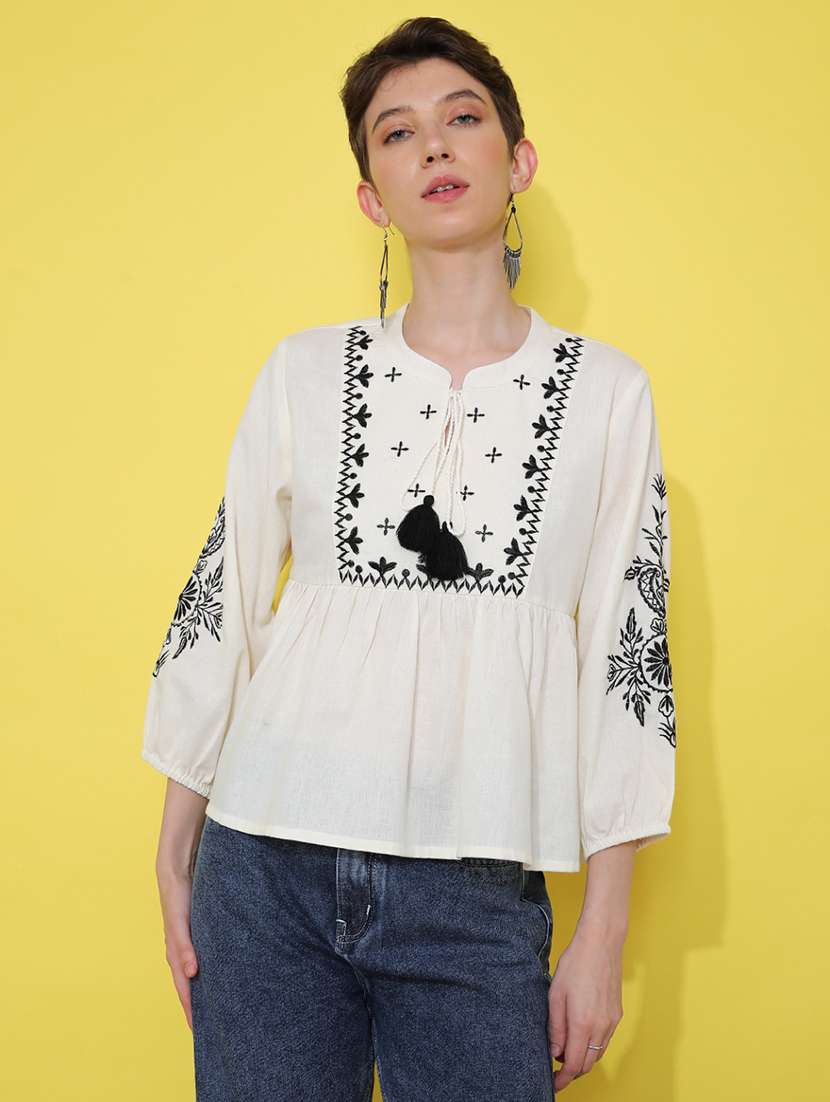 women solid with work three quarter sleeve ethnic top - 22165054 -  Standard Image - 2